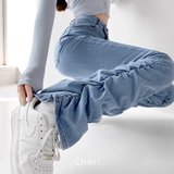 Gather long denim pants