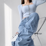 Gather long denim pants