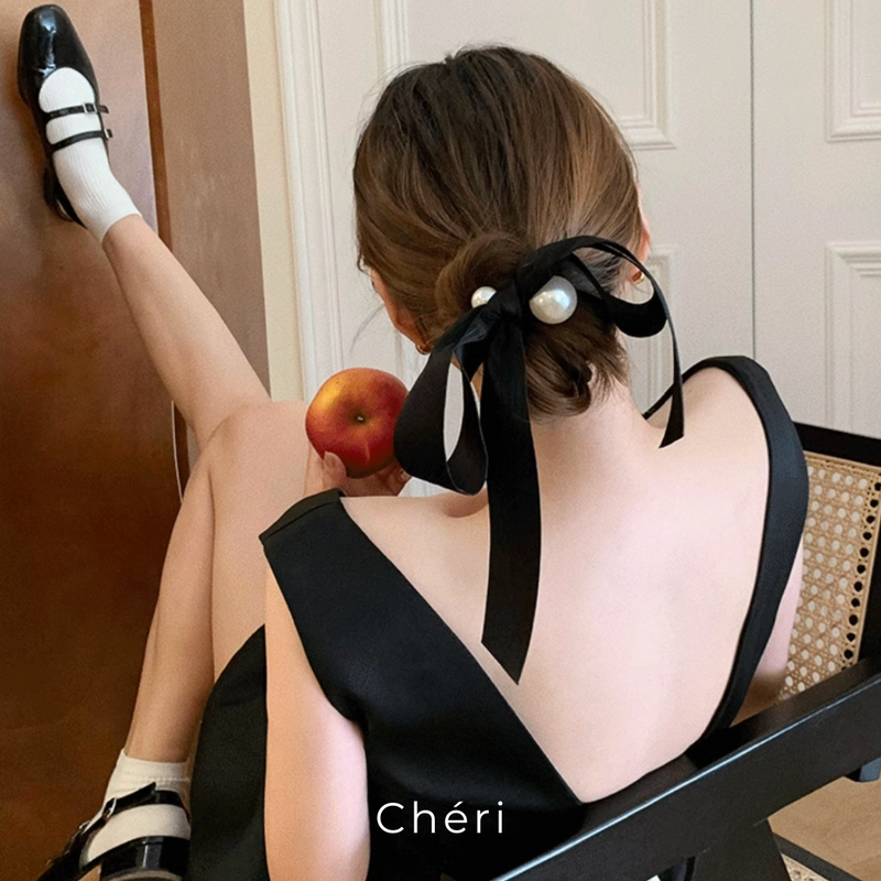 Pearl velor ribbbon hair tie